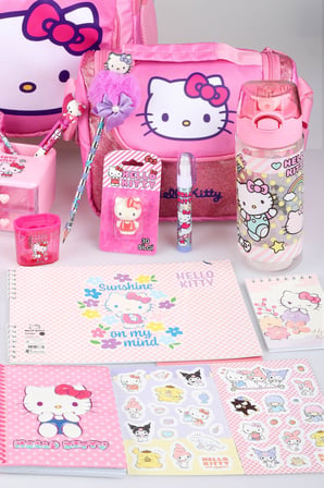  x Dekomus Lisanslı Hello Kitty Glitter Bow Collection Full Kırtasiye Seti Okul Çantası,Termoslu Beslenme Çantası ve Kalem Çantası Seti