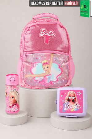 x Dekomus Lisanslı Barbie Ballerina Magic Collection Büyük Boy Okul Çantası,Beslenme Kabı ve Matara Seti