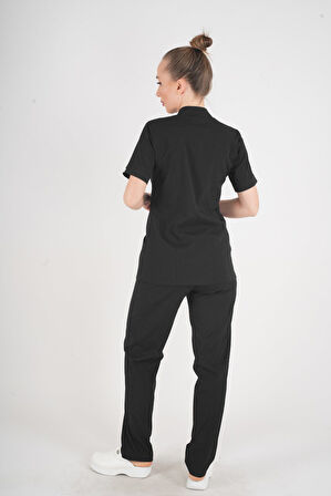 Aylu Model Soft Likra Siyah Hemşire Doktor Aşçı Scrubs Üniforma Takımı