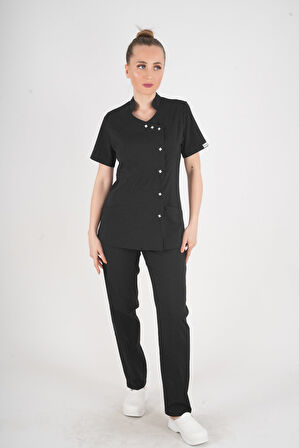 Aylu Model Soft Likra Siyah Hemşire Doktor Aşçı Scrubs Üniforma Takımı