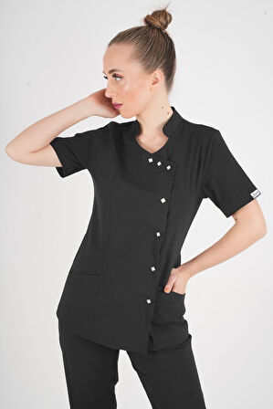 Aylu Model Soft Likra Siyah Hemşire Doktor Aşçı Scrubs Üniforma Takımı