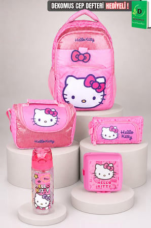  x Dekomus Lisanslı Hello Kitty Glitter Bow Collection Okul Çantası,Termoslu Beslenme Çantası ve Kalem Çantası,Beslenme Kabı,Matara Seti