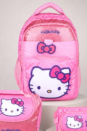  x Dekomus Lisanslı Hello Kitty Glitter Bow Collection Okul Çantası,Termoslu Beslenme Çantası ve Kalem Çantası,Beslenme Kabı,Matara Seti