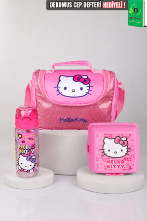  x Dekomus Lisanslı Hello Kitty Glitter Bow Collection Termoslu Beslenme Çantası,Beslenme Kabı ve Matara Seti