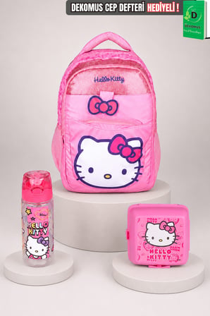  x Dekomus Lisanslı Hello Kitty Glitter Bow Collection Büyük Boy Okul Çantası,Beslenme Kabı ve Matara Seti