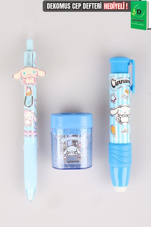 x Dekomus Lisanslı Cinnamoroll 0.7 MM Uçlu Kalem,Silgi ve Çift Bıçaklı Kalemtraş Seti