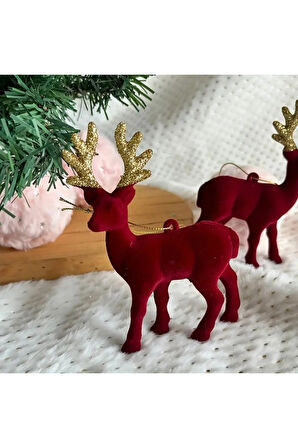 2'li Noel Ağacı Geyik Figürü , Noel Ağacı Dekorasyonu, Şarap Kırmızısı Geyik Yılbaşı Ağacı Süsü