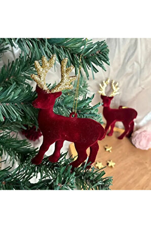 2'li Noel Ağacı Geyik Figürü , Noel Ağacı Dekorasyonu, Şarap Kırmızısı Geyik Yılbaşı Ağacı Süsü