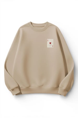 Unisex Yumuşak Dokulu Lucky Kalp Ası Baskılı Tasarım Oversize 3 İplik Bisiklet Yaka Sweatshirt
