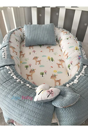 Babynest Yeşil Örgü Ceylan Tasarım Ponponlu Nest Lüx Taşınabilir Bebek Yatağı
