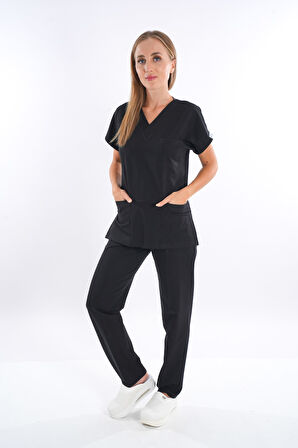 Siyah Renk Çamaşır Suyuna ve Hipoya Dayanıklı Cerrahi Üniforma Scrubs Unisex Model