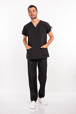 Siyah Renk Çamaşır Suyuna ve Hipoya Dayanıklı Cerrahi Üniforma Scrubs Unisex Model