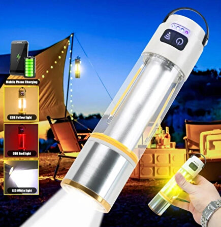 GP-222 Zoomlu 1000lm Şarjlı Çok Fonksiyonlu El Feneri - Beyaz-Kırmızı-Sarı Ledli 6 mod Kamp Lambası