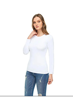 Kadın Beyaz Sıfır Yaka Likralı Uzun Kol Body 6'lı Paket