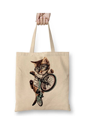 Bisikletli Kedi Cat Beyaz Bez Çanta Uzun Saplı Alışveriş Çantası Plaj Çantası