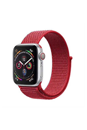 Mobicas Apple  Watch 42-44-45-49mm Uyumlu Cırtlı Kumaş Kordon-03 Kırmızı