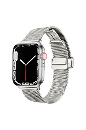 Apple Watch 42-44-45-49mm için Klipsli Hasır Metal Kordon-85 Gümüş