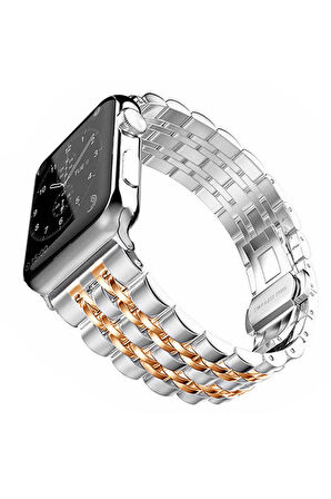 Mobicas Apple  Watch 42-44-45-49mm Uyumlu iki Renkli Metal Kordon-14 Rose Gold
