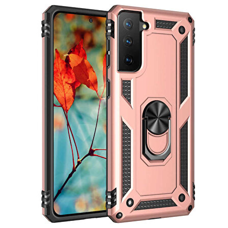 Smcase Samsung Galaxy S21 FE Kılıf Vega Yüzüklü Shockproof Tank Silikon  Nano Ekran Koruyucu