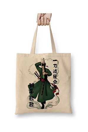Roronoa Zoro One Piece 01 Beyaz Bez Çanta Uzun Saplı Alışveriş Çantası Plaj Çantası