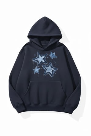Unisex Yumuşak Dokulu Denim Yıldızlar Baskılı Tasarım Oversize 3 İplik Hoodie Sweatshirt