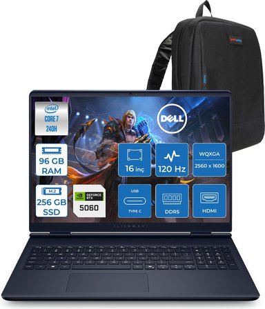 Dell Alienware 16 Aurora AC16250 Intel Core 7 240H 96GB Ddr5 256GB SSD Freedos 8gb RTX5060 16 Inç 2K(2560×1600) Wqxga 120Hz Wva Gaming Laptop AC16250C71615U56NF50 + Zetta Çanta