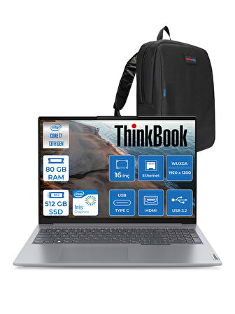 Lenovo Thinkbook 16 G6 Irl Intel Core I7 13700H 80GB 512GB SSD Intel Iris Xe 16" Wuxga 300NITS IPS Freedos Taşınabilir Bilgisayar 21KH00V1TRF26 + Zetta Çanta