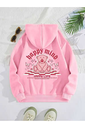 Unisex Pembe Happy Mind Happy Life Baskılı Kapşonlu Sweatshirt