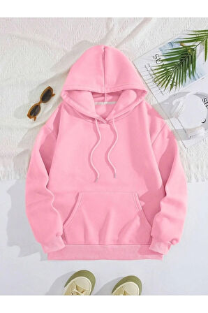 Unisex Pembe Happy Mind Happy Life Baskılı Kapşonlu Sweatshirt