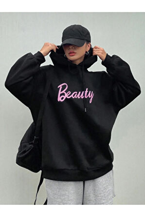Kadın Siyah Beauty Baskılı Kapüşonlu Sweatshirt