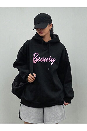 Kadın Siyah Beauty Baskılı Kapüşonlu Sweatshirt