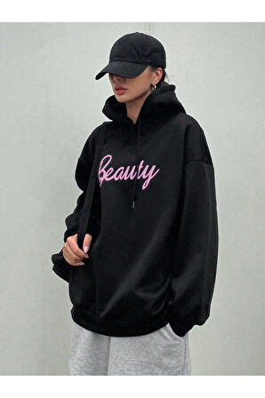 Kadın Siyah Beauty Baskılı Kapüşonlu Sweatshirt