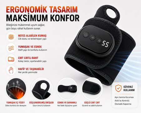Isıtmalı El Bilek Masaj Cihazı 5 Kademe Sıcaklık Ayarlı 3 Kademeli Titreşimli Kablosuz Bilek Destekleyici Masaj Bandı
