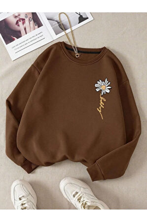 Kadın Kahverengi Papatya Baskılı Bisiklet Yaka Sweatshirt