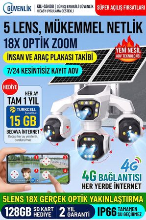 5 Kameralı 4G/E-SIM Destekli 18X Zoom PTZ Güneş Enerjili Profesyonel Dış Mekân Güvenlik Kamerası