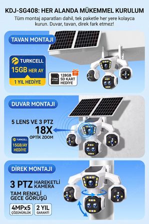 5 Kameralı 4G/E-SIM Destekli 18X Zoom PTZ Güneş Enerjili Profesyonel Dış Mekân Güvenlik Kamerası