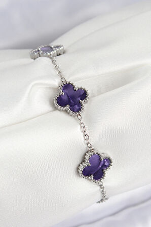 316L Çelik Sedefli Mor Gümüş Renk Yonca Kadın Bileklik