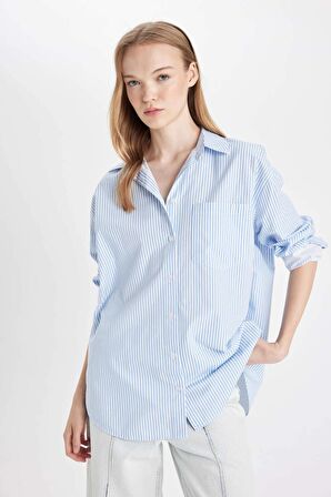 DeFacto Oversize Geniş Kalıp Cepli Çizgili Poplin Uzun Kollu Gömlek B1132AX24AUBE303