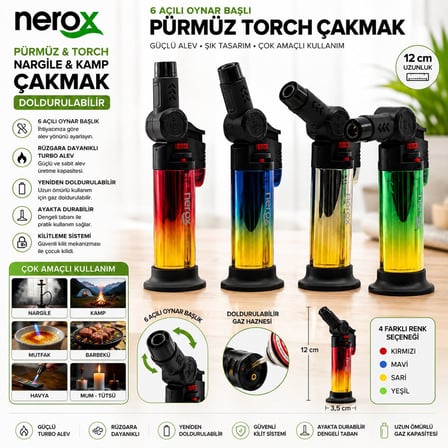 12 ADET METALİZE OYNAR BAŞLI PÜRMÜZ - TORCH NARGİLE - KAMP ÇAKMAK DOLDURULABİLİR AYAKDA DURABİLİR NRX-9305 (5616)