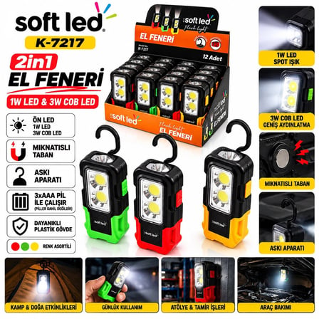 12 Adet 2ın1 Softled El Feneri 3xaaa Pilli Mıknatıslı Asma Aparatı 1w Led - 3w Cop Led K-7217 Bx40