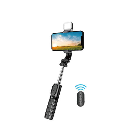 Premium Tek Işıklı Selfie Tripod(Pro Vlogger Set)Tripod + Selfie Çubuk + Uzun Ayak,Dimmelı LED(Siyah