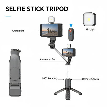 Premium Tek Işıklı Selfie Tripod(Pro Vlogger Set)Tripod + Selfie Çubuk + Uzun Ayak,Dimmelı LED(Siyah