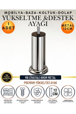 1 Adet 12 Cm M8 Vidalı Metal Krom Ayak Mobilya Ayağı Baza Ayağı Kanepe Ayağı Koltuk Ayağı Yatak Ayağı Yükseltme Ayağı Dolap Ayak Sehpa Sandık Ayakları Değişim Destek Ayağı Yükseltici Aparat Şifonyer