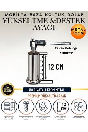 1 Adet 12 Cm M8 Vidalı Metal Krom Ayak Mobilya Ayağı Baza Ayağı Kanepe Ayağı Koltuk Ayağı Yatak Ayağı Yükseltme Ayağı Dolap Ayak Sehpa Sandık Ayakları Değişim Destek Ayağı Yükseltici Aparat Şifonyer