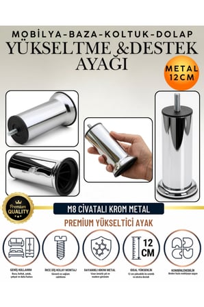 1 Adet 12 Cm M8 Vidalı Metal Krom Ayak Mobilya Ayağı Baza Ayağı Kanepe Ayağı Koltuk Ayağı Yatak Ayağı Yükseltme Ayağı Dolap Ayak Sehpa Sandık Ayakları Değişim Destek Ayağı Yükseltici Aparat Şifonyer