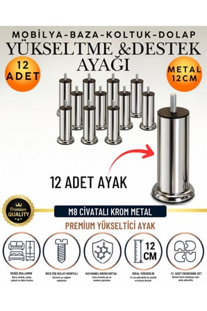 12 Adet 12 Cm M8 Vidalı Metal Krom Ayak Mobilya Ayağı Baza Ayağı Kanepe Ayağı Koltuk Ayağı Yatak Ayağı Yükseltme Ayağı Dolap Ayak Sehpa Sandık Ayakları Değişim Destek Ayağı Yükseltici Aparat Şifonyer