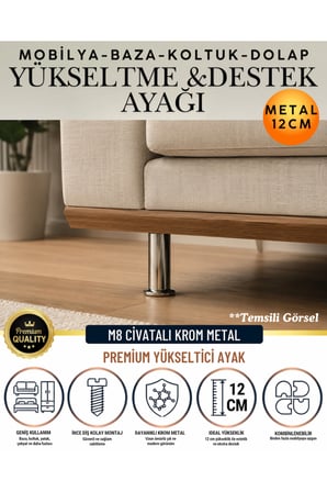 12 Adet 12 Cm M8 Vidalı Metal Krom Ayak Mobilya Ayağı Baza Ayağı Kanepe Ayağı Koltuk Ayağı Yatak Ayağı Yükseltme Ayağı Dolap Ayak Sehpa Sandık Ayakları Değişim Destek Ayağı Yükseltici Aparat Şifonyer