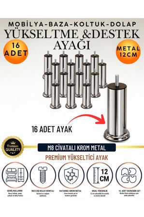 16 Adet 12 Cm M8 Vidalı Metal Krom Ayak Mobilya Ayağı Baza Ayağı Kanepe Ayağı Koltuk Ayağı Yatak Ayağı Yükseltme Ayağı Dolap Ayak Sehpa Sandık Ayakları Değişim Destek Ayağı Yükseltici Aparat Şifonyer