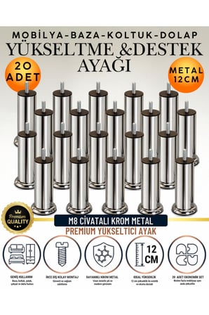 20 Adet 12 Cm M8 Vidalı Metal Krom Ayak Mobilya Ayağı Baza Ayağı Kanepe Ayağı Koltuk Ayağı Yatak Ayağı Yükseltme Ayağı Dolap Ayak Sehpa Sandık Ayakları Değişim Destek Ayağı Yükseltici Aparat Şifonyer