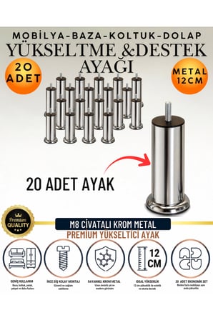 20 Adet 12 Cm M8 Vidalı Metal Krom Ayak Mobilya Ayağı Baza Ayağı Kanepe Ayağı Koltuk Ayağı Yatak Ayağı Yükseltme Ayağı Dolap Ayak Sehpa Sandık Ayakları Değişim Destek Ayağı Yükseltici Aparat Şifonyer